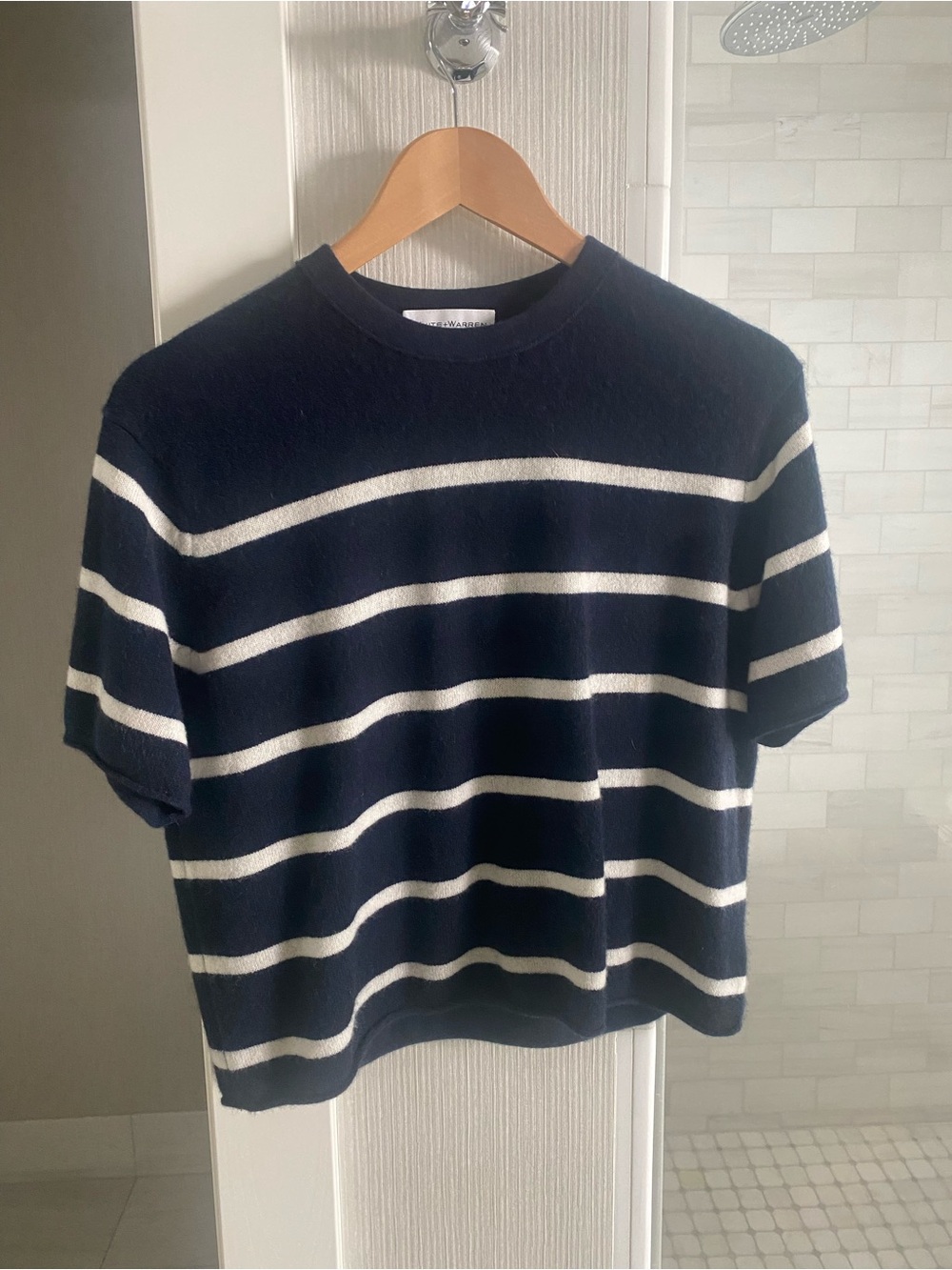 White + Warren Navy and White Striped Short-Sleeve Cashmere Sweater